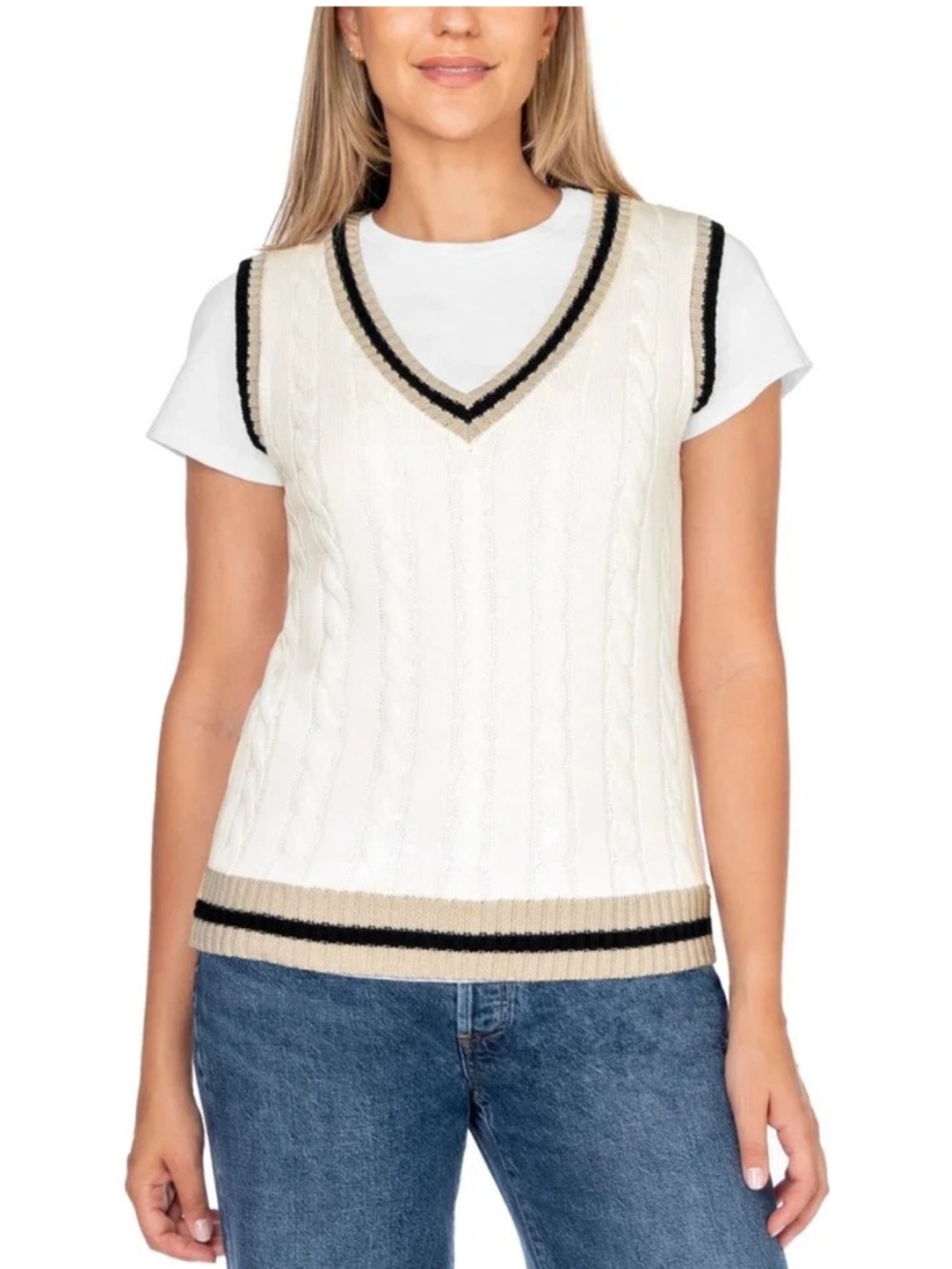 Cable Knit V-Neck Sweater Vest in Cream with Contrast Trim